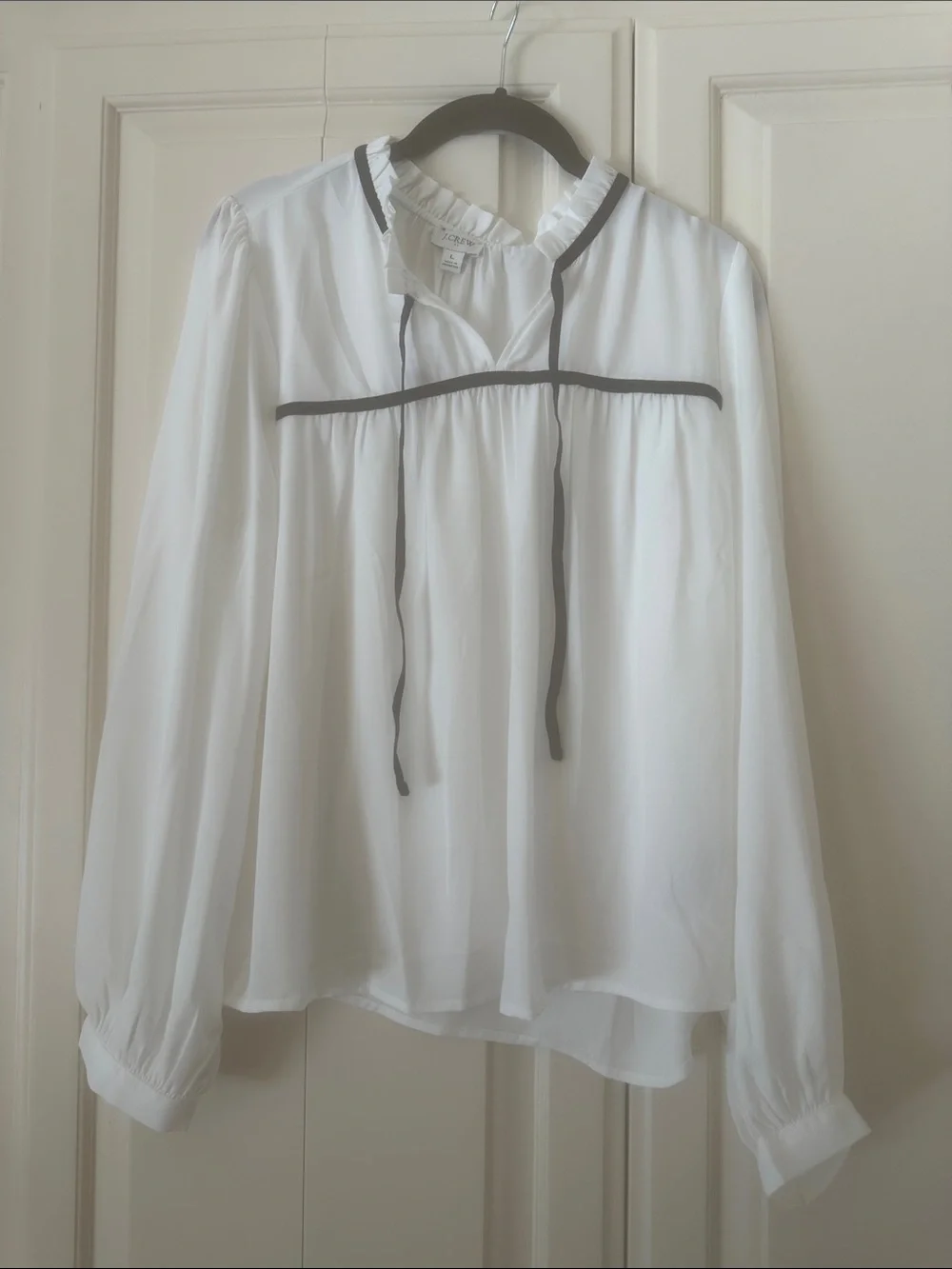 J. Crew White Chiffon Blouse with Black Trim